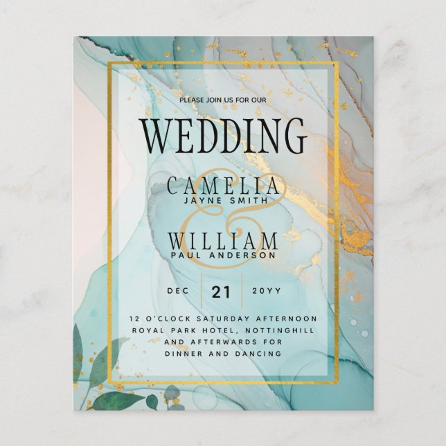 LeahG Sea Glass Teal Guld BLÄCK Wedding INVITE Flygblad (Framsidan)