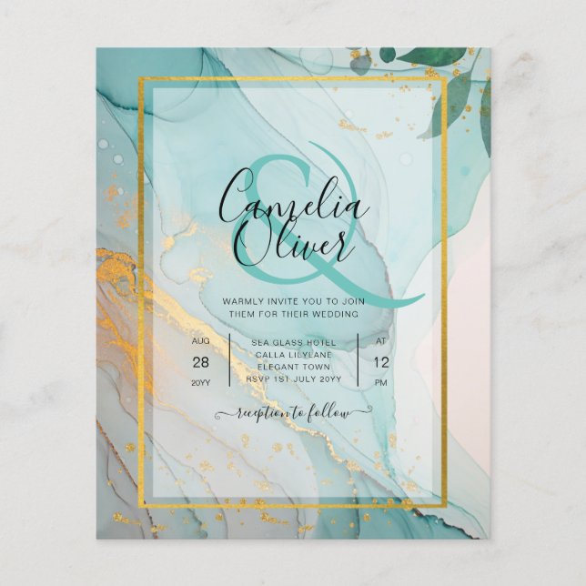 LeahG Sea Glass Teal Guld BLÄCK Wedding INVITE Flygblad (Framsidan)