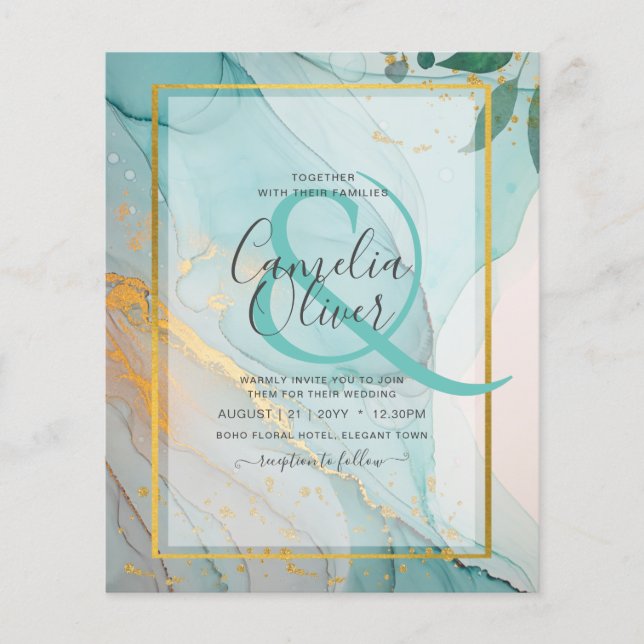 LeahG Sea Glass Teal Guld BLÄCK Wedding INVITE Flygblad (Framsidan)