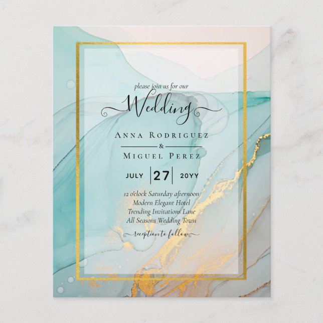 LeahG Sea Glass Teal Guld BLÄCK Wedding INVITE Flygblad (Framsidan)