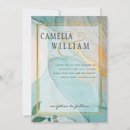 LeahG Sea Glass Teal Guld BLÄCK Wedding INVITE Inbjudningar