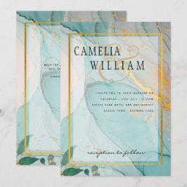 LeahG Sea Glass Teal Guld BLÄCK Wedding INVITE Inbjudningar
