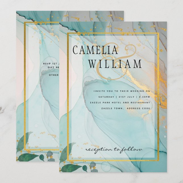 LeahG Sea Glass Teal Guld BLÄCK Wedding INVITE Inbjudningar (Fram/baksida)