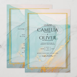 LeahG Sea Glass Teal Guld BLÄCK Wedding INVITE Inbjudningar