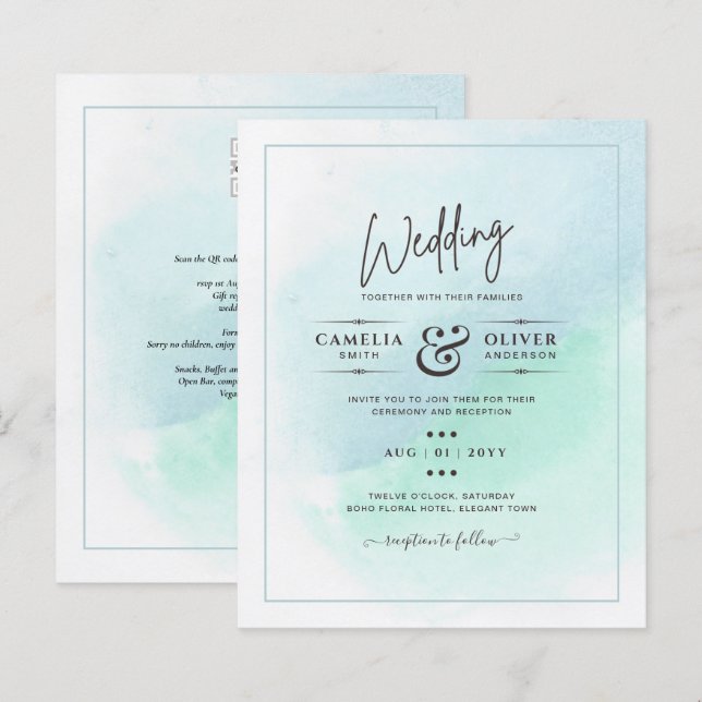 LeahG Sea Glass Turcos Teal Blue Wedding INVITE (Fram/baksida)