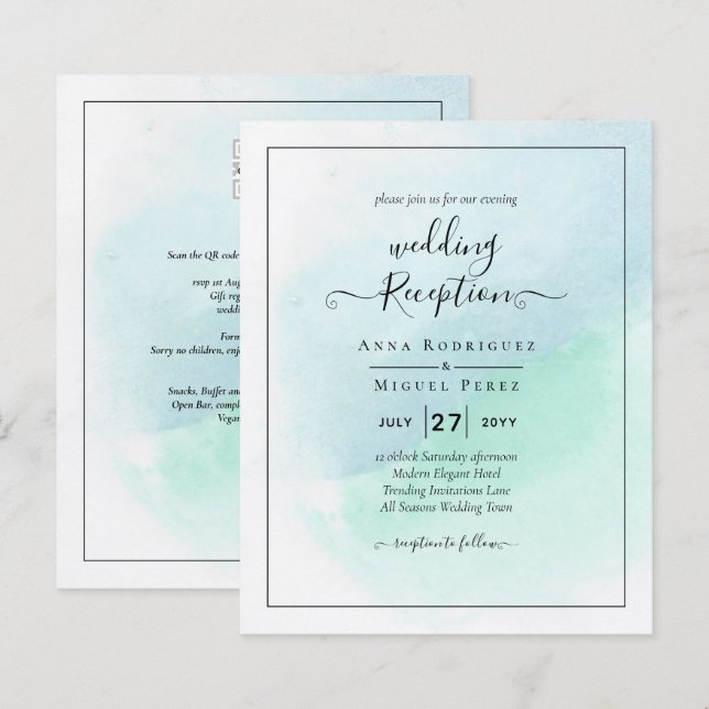 LeahG Sea Glass Turcos Teal Blue Wedding INVITE (Fram/baksida)