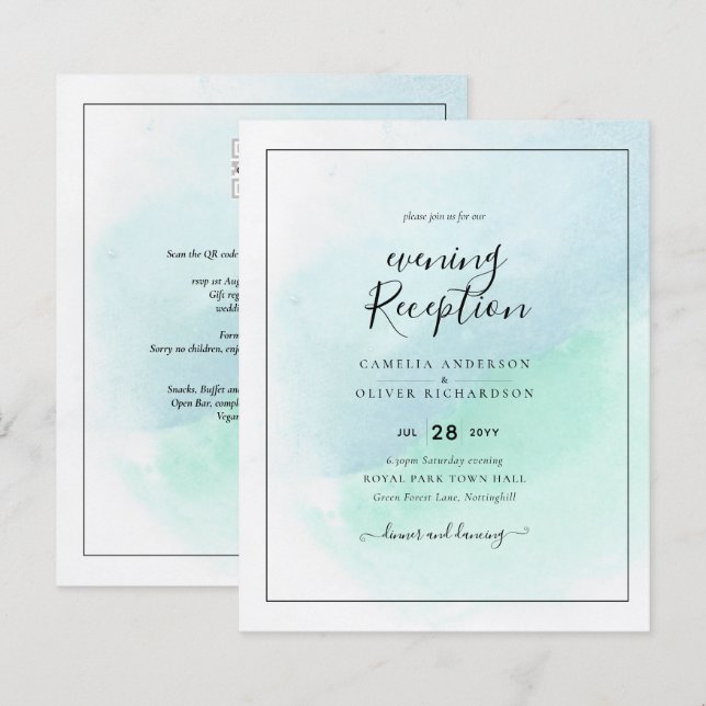 LeahG Sea Glass Turcos Teal Blue Wedding INVITE (Fram/baksida)