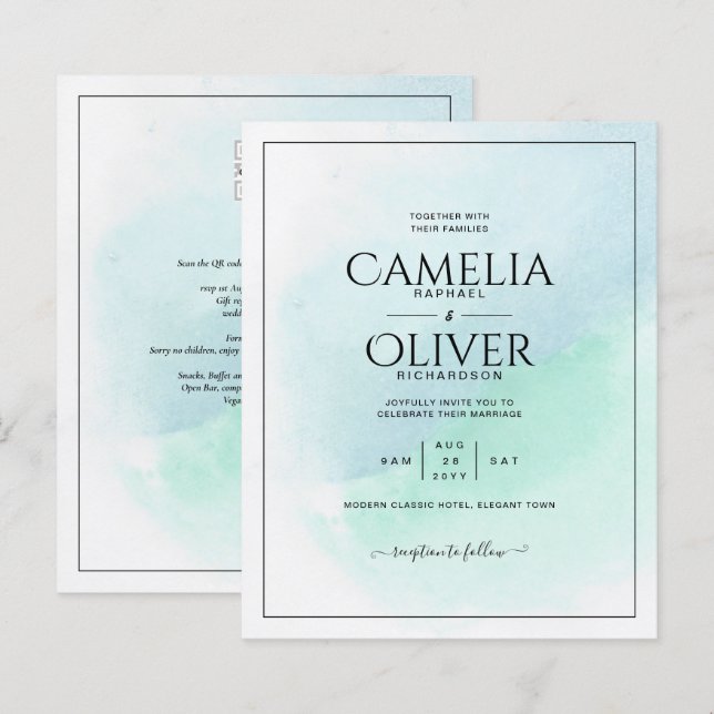 LeahG Sea Glass Turcos Teal Blue Wedding INVITE (Fram/baksida)