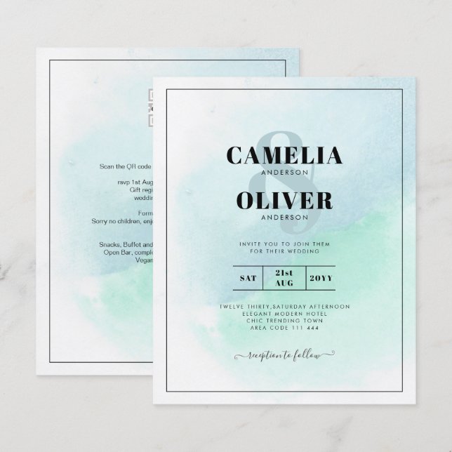 LeahG Sea Glass Turcos Teal Blue Wedding INVITE (Fram/baksida)