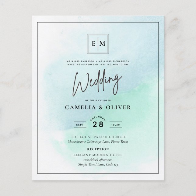 LeahG Sea Glass Turcos Teal Blue Wedding INVITE Flygblad (Framsidan)