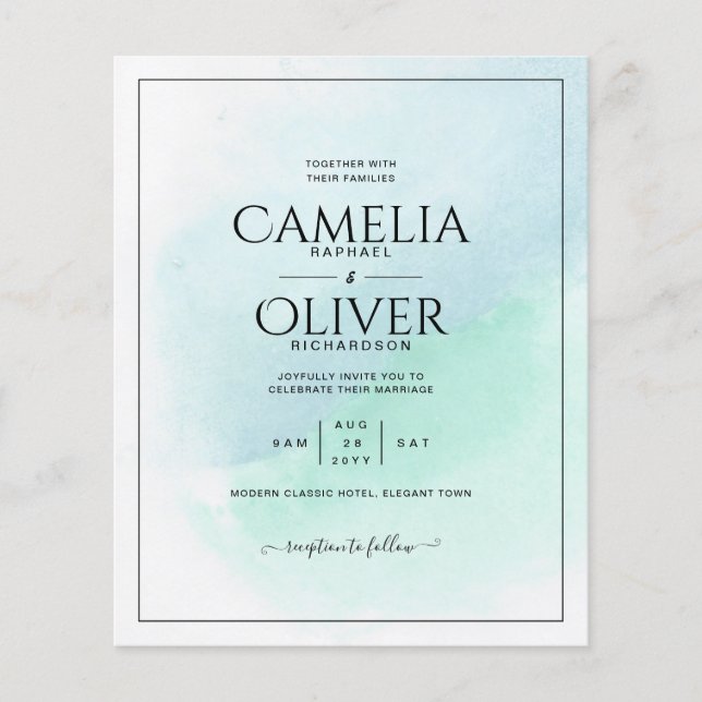 LeahG Sea Glass Turcos Teal Blue Wedding INVITE Flygblad (Framsidan)