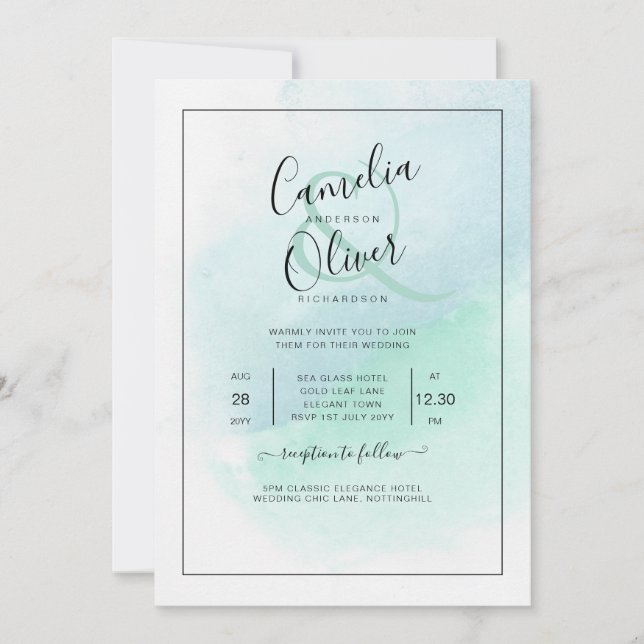 LeahG Sea Glass Turcos Teal Blue Wedding INVITE Inbjudningar (Framsida)