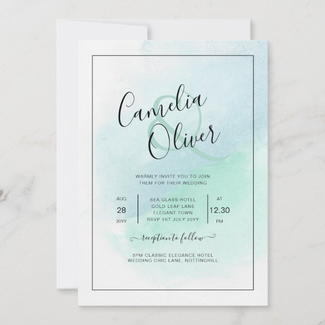 LeahG Sea Glass Turcos Teal Blue Wedding INVITE Inbjudningar (Framsida)