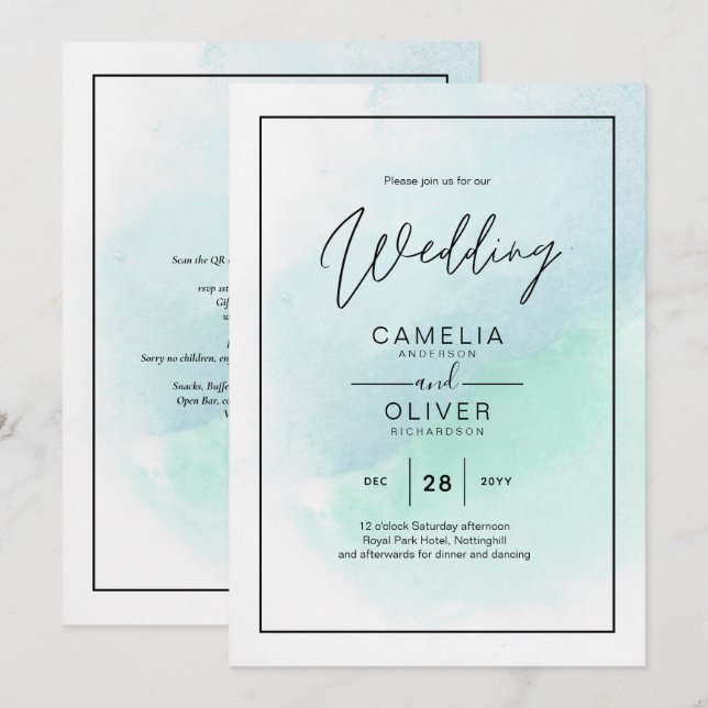LeahG Sea Glass Turcos Teal Blue Wedding INVITE Inbjudningar (Fram/baksida)