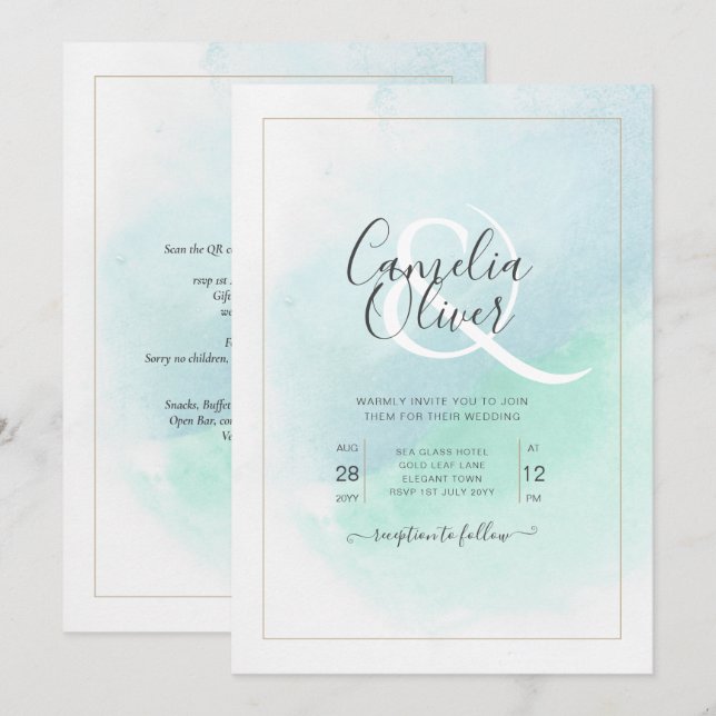 LeahG Sea Glass Turcos Teal Blue Wedding INVITE Inbjudningar (Fram/baksida)