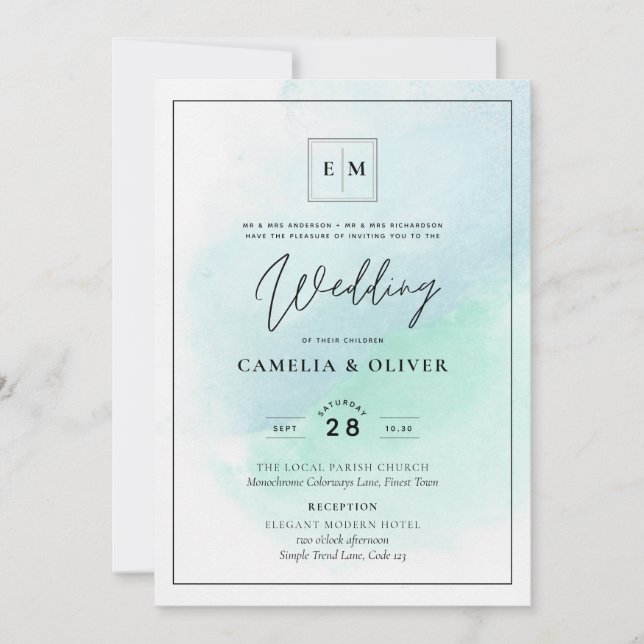 LeahG Sea Glass Turcos Teal Blue Wedding INVITE Inbjudningar (Framsida)