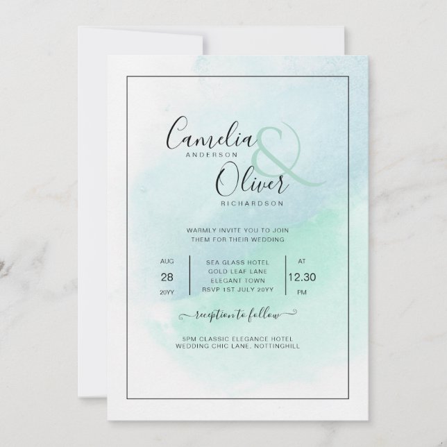 LeahG Sea Glass Turcos Teal Blue Wedding INVITE Inbjudningar (Framsida)