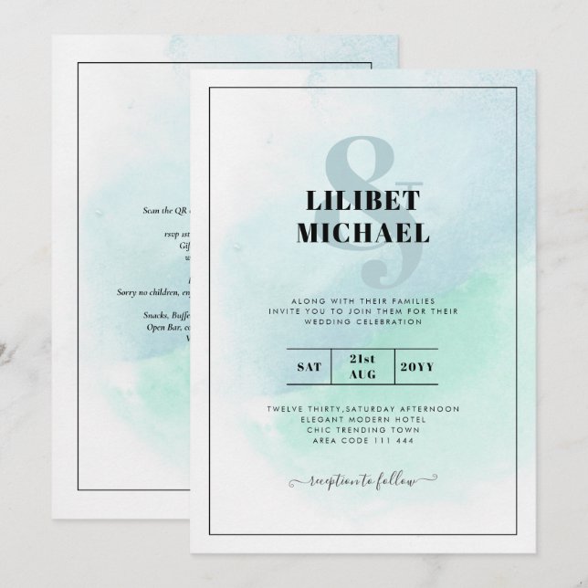 LeahG Sea Glass Turcos Teal Blue Wedding INVITE Inbjudningar (Fram/baksida)