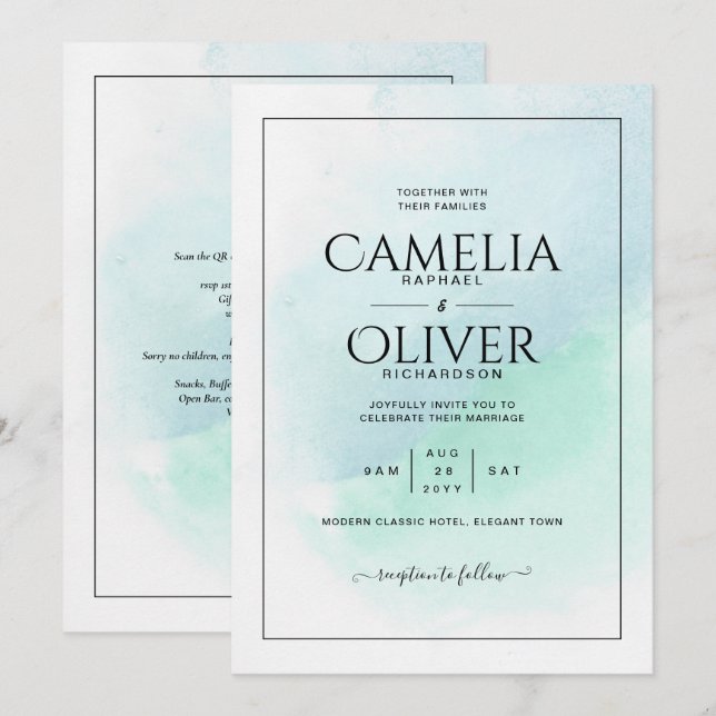 LeahG Sea Glass Turcos Teal Blue Wedding INVITE Inbjudningar (Fram/baksida)