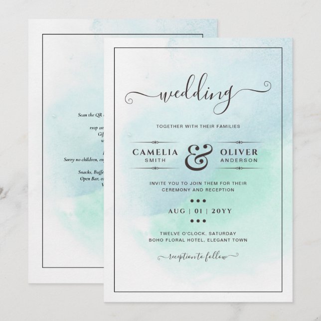 LeahG Sea Glass Turcos Teal Blue Wedding INVITE Inbjudningar (Fram/baksida)