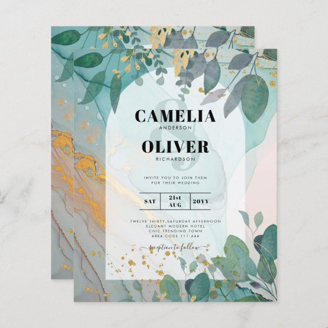 LeahG Seaglass Bläck Teal Guld Grey Bröllop Inv (Fram/baksida)