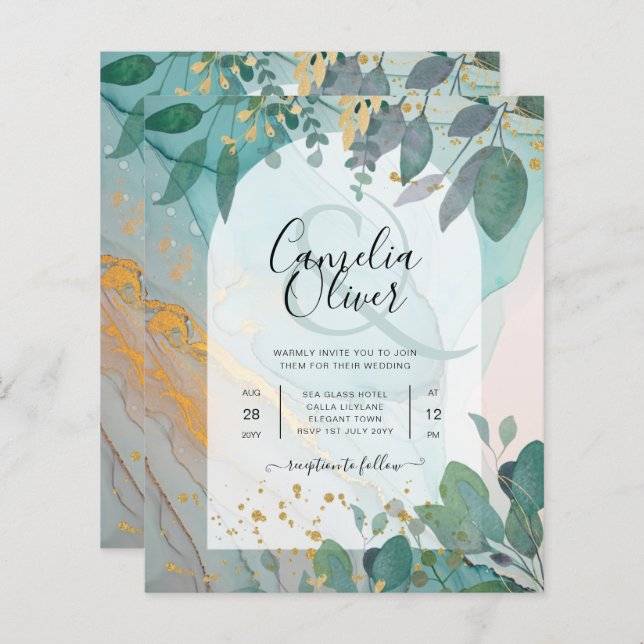 LeahG Seaglass Bläck Teal Guld Grey Bröllop Inv (Fram/baksida)