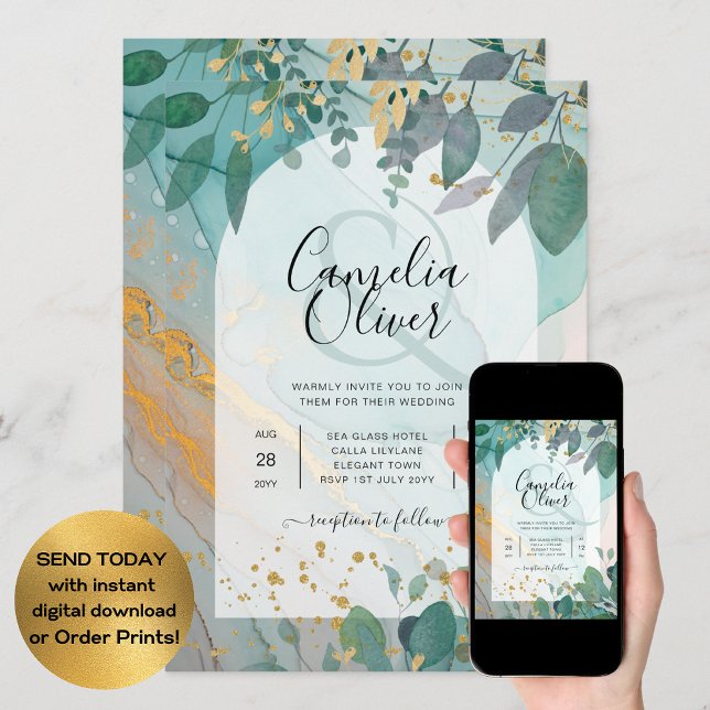 LeahG Seaglass Bläck Teal Guld Grey Bröllop Inv Inbjudningar (Skapare uppladdad)