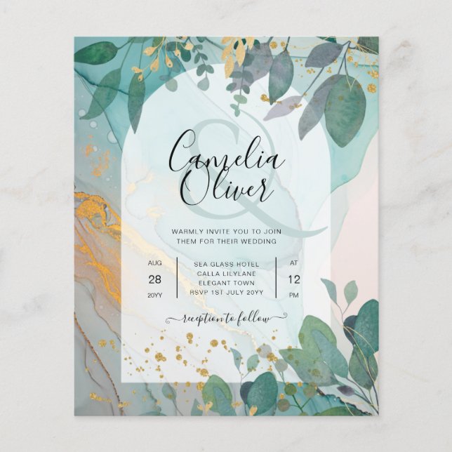 LeahG Seaglass Bläck Teal Guld Grönska Bröllopsinb Flygblad (Framsidan)