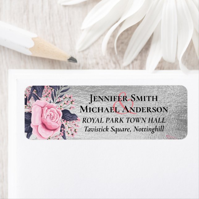 LeahG Silver Navy Rosegold Rosa Blommigt Bröllop Returadress Etikett (Insitu)