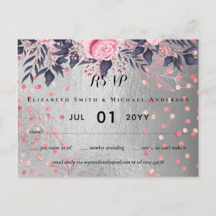 LeahG Silver Navy Rosegold Rosa Blommigt Bröllop Vykort