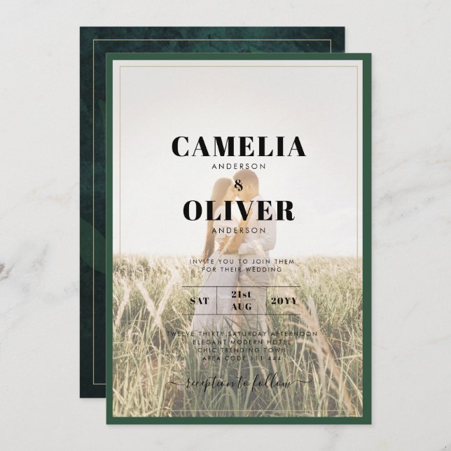 LeahG Smaragdgrön Fotoöverlägg Bröllopsinbjudan Inbjudningar (Fram/baksida)
