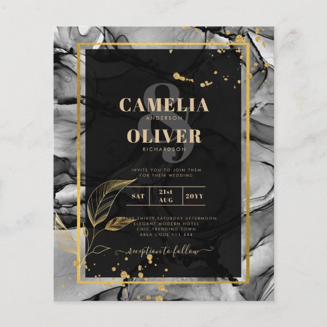 LeahG® Svart Guld Alkoholbläck Bröllops INBJUDAN Flygblad (Framsidan)