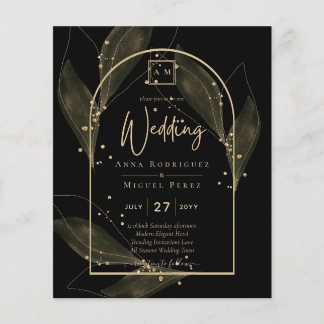 LeahG Svarta Guldblad Modern Bröllops INVITATION Flygblad (Framsidan)