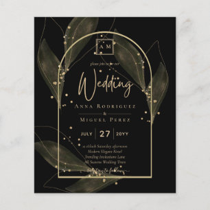 LeahG Svarta Guldblad Modern Bröllops INVITATION Flygblad