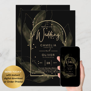 LeahG Svarta Guldblad Modern Bröllops INVITATION Inbjudningar