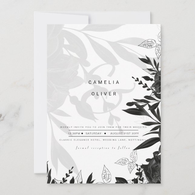 LeahG Svarta Vita Rosor Bröllopsbudget INBJUDAN (Framsida)