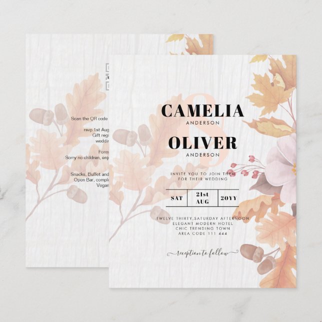 LeahG Terracotta Höst löv bröllopsinbjudan (Fram/baksida)