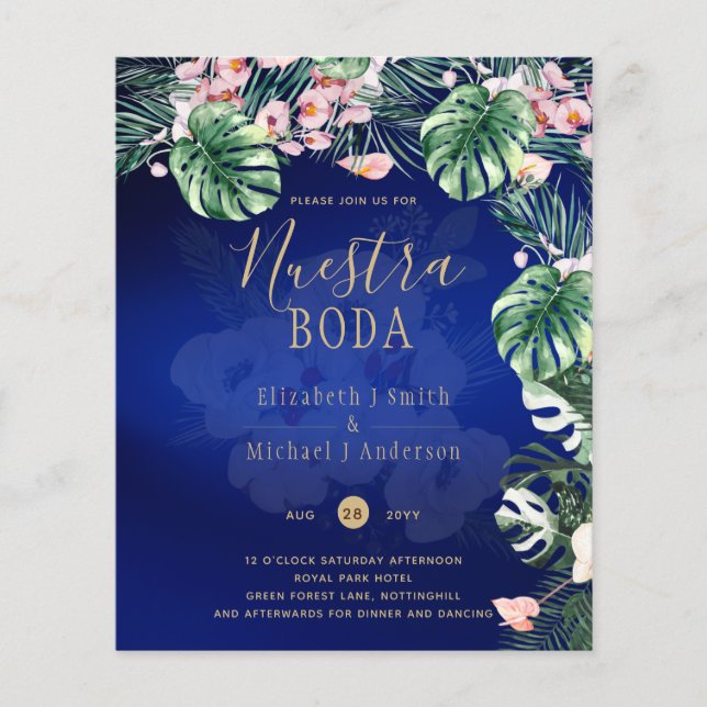 LeahG Tropical Blue Grönt Rosa Blommigt Bröllop Flygblad (Framsidan)