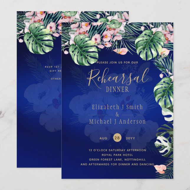 LeahG Tropical Blue Grönt Rosa Blommigt Bröllop Inbjudningar (Fram/baksida)