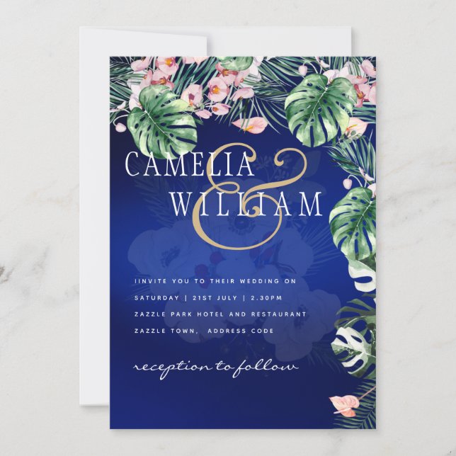 LeahG Tropical Blue Grönt Rosa Blommigt Bröllop Inbjudningar (Framsida)