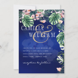 LeahG Tropical Blue Grönt Rosa Blommigt Bröllop Inbjudningar