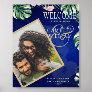 LeahG Tropical Blue Grönt Rosa Blommigt Bröllop Poster