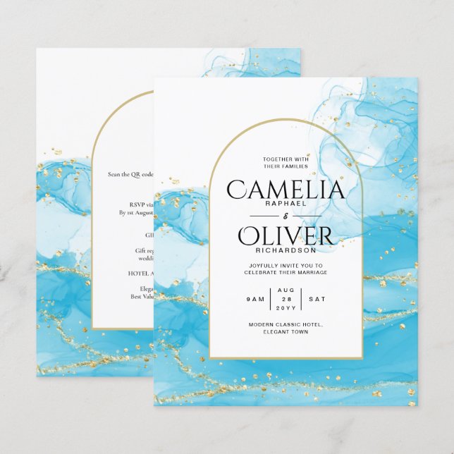 LeahG Turcouise Guld Aqua Blue Wedding INVITE (Fram/baksida)