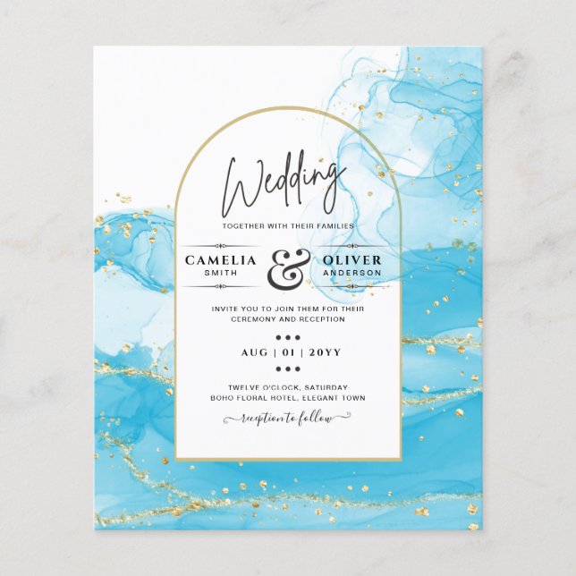 LeahG Turcouise Guld Aqua Blue Wedding INVITE (Framsida)
