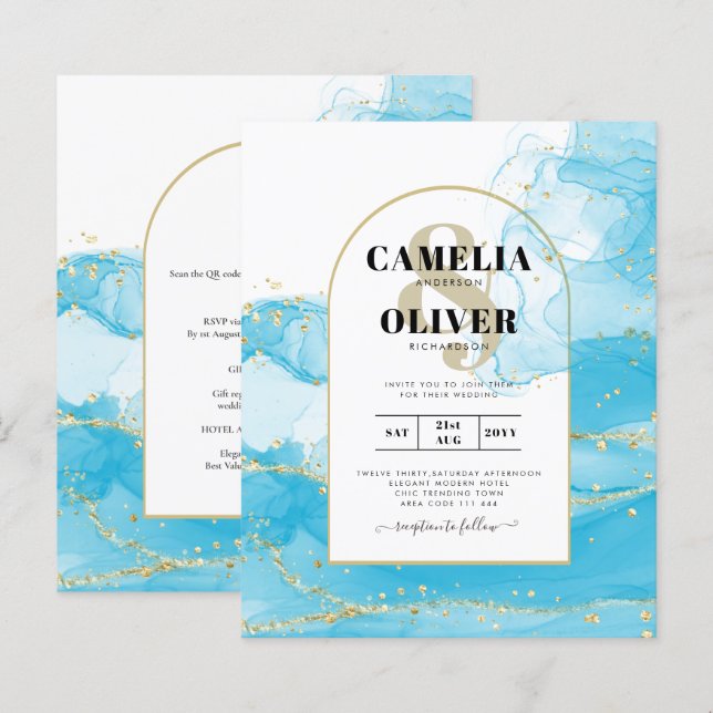 LeahG Turcouise Guld Aqua Blue Wedding INVITE (Fram/baksida)