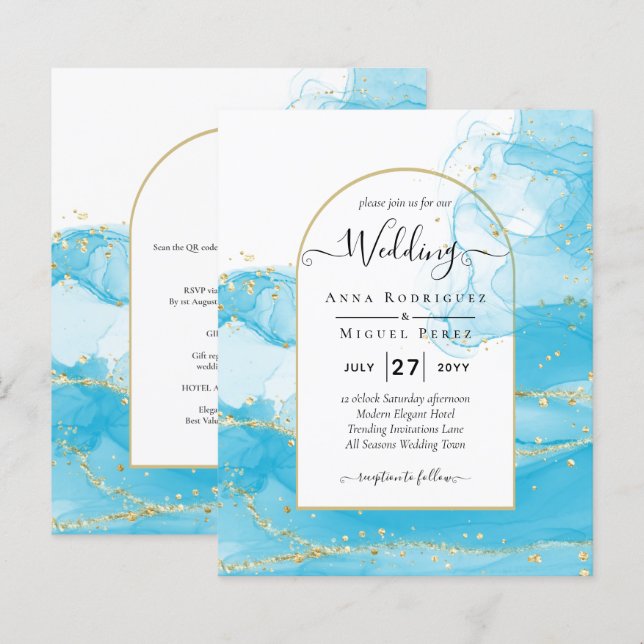 LeahG Turcouise Guld Aqua Blue Wedding INVITE (Fram/baksida)