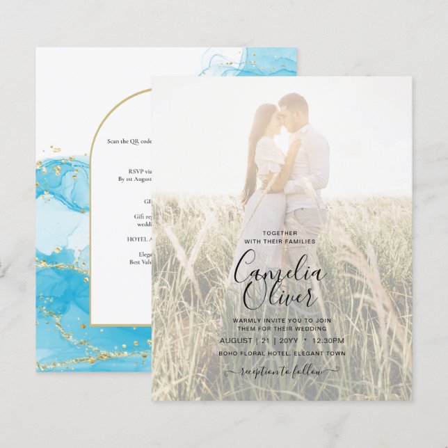 LeahG Turcouise Guld Aqua Blue Wedding INVITE (Fram/baksida)
