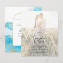 LeahG Turcouise Guld Aqua Blue Wedding INVITE