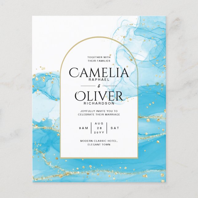 LeahG Turcouise Guld Aqua Blue Wedding INVITE Flygblad (Framsidan)