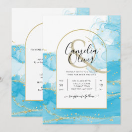 LeahG Turcouise Guld Aqua Blue Wedding INVITE Inbjudningar